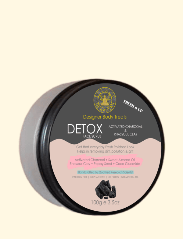 activated charcoal detoxifying and purifying face scrub with floral essential oil (EO) for pigmented acne prone dry, oily, combination skin.