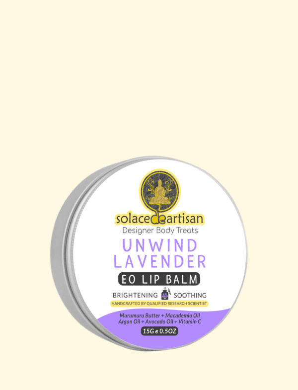 lavender lip lightening and soothing balm with lavender essential oil (EO) to nourish dark pigmented dry skin, for men women and smokers.
