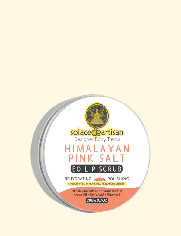 himalayan pink salt lip rehydrating and polishing scrub with fruity essential oil (EO) to exfoliate dull pigmented dead skin, for men women and smokers.