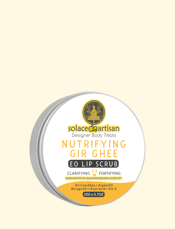gir ghee lip clarifying and fortifying scrub with vanilla essential oil (EO) to exfoliate and nourish damaged dry cracked skin, for men women and smokers.